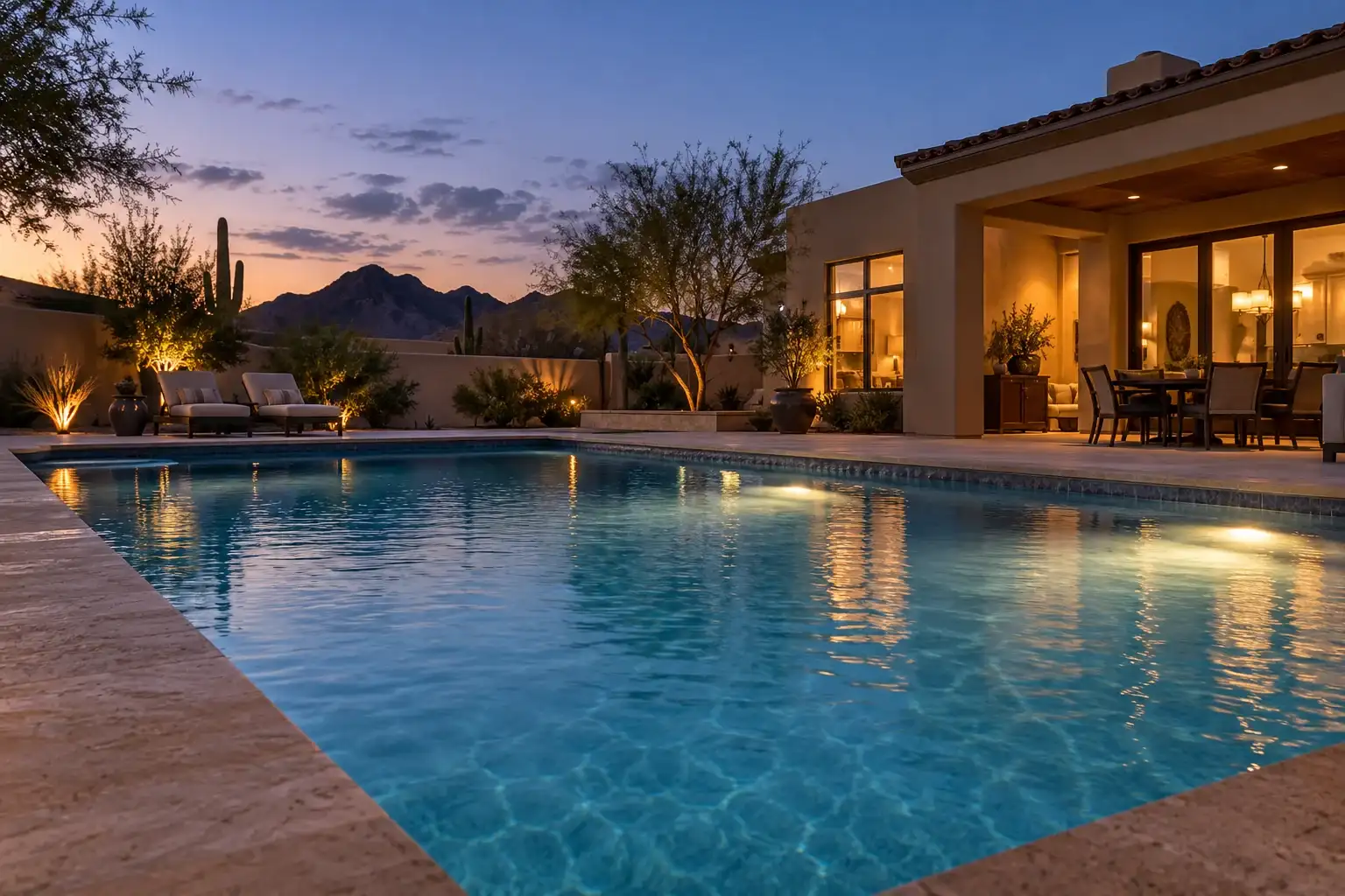 Rectangular pool at blue hour with warm underwater lights and a lit patio