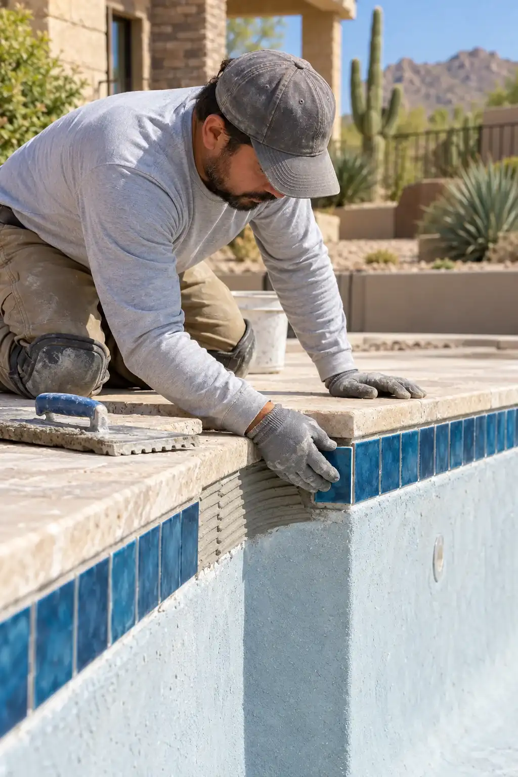 Tile setter placing a small blue waterline tile along the edge of a pool