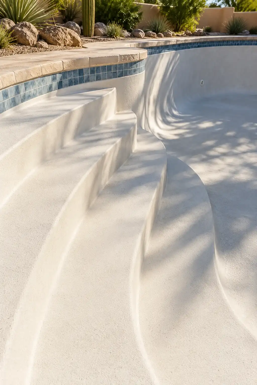 Freshly finished ivory entry stairs in an empty pool, seen from above