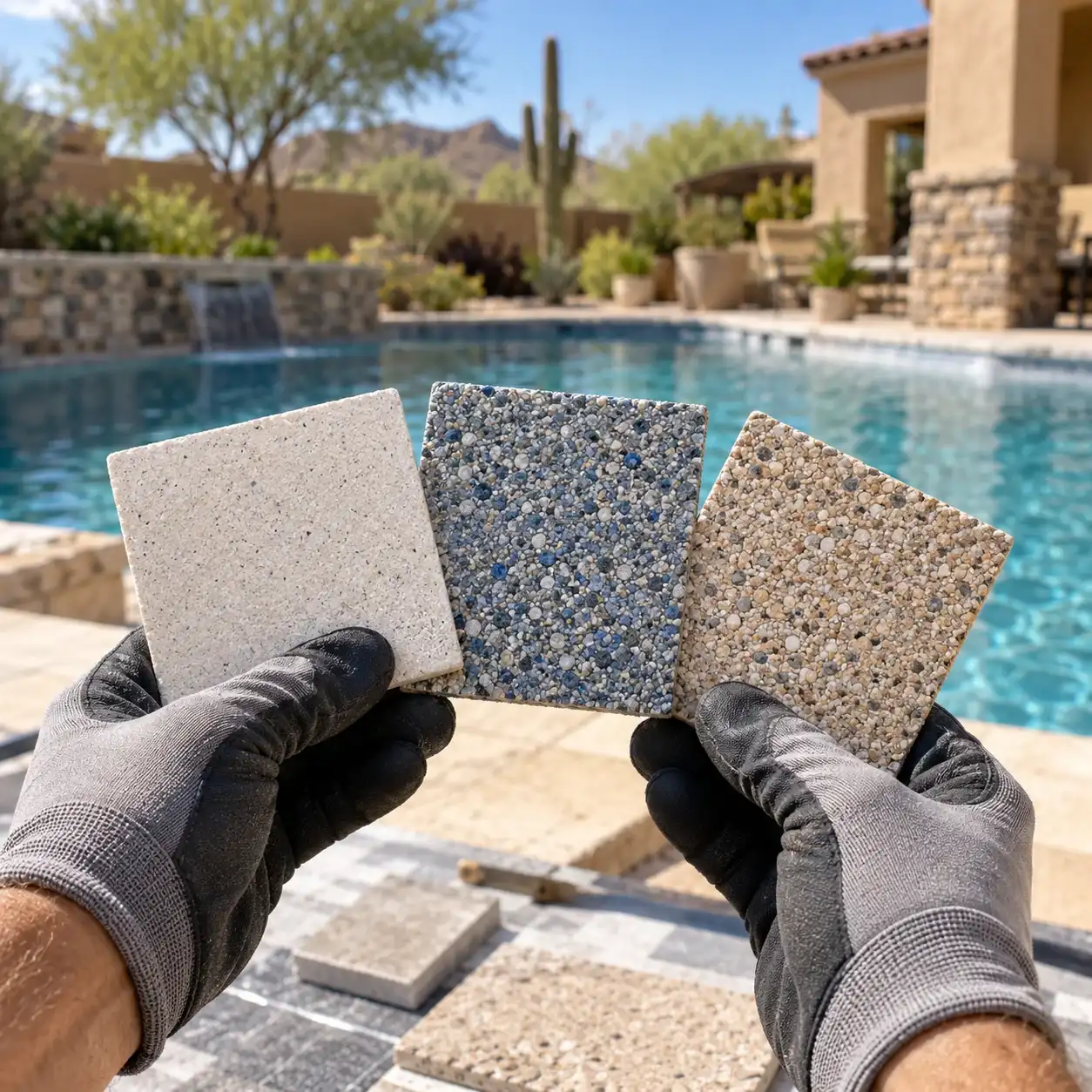 Two gloved hands holding three pool finish samples above a worktable by a pool